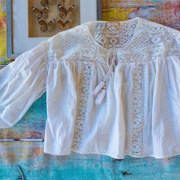 Anthropologie Eri + Ali White Crochet Lace Oversized Peasant Top Small - Picture 4 of 10